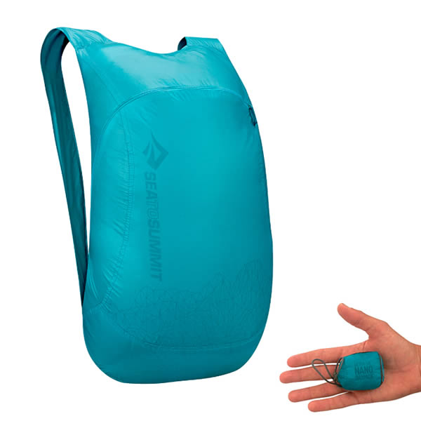 Sea to Summit Ultra Sil Nano Daypack Blue with packed away on hand size