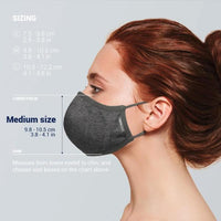 Pacsafe Silver Ion Face Mask Side View Silver Grey medium size in use with chart