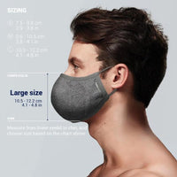 Pacsafe Silver Ion Face Mask Side View Silver Grey Large Size in use and chart