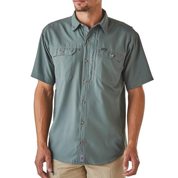 Patagonia Men's Short Sleeve Sol Patrol II Travel Shirt, 30 UPF front view in use