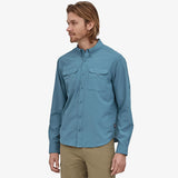 Patagonia Men's Long Sleeve Self Guided Hike Shirt 50 UPF Pigeon Blue in use front view