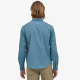 Patagonia Men's Long Sleeve Self Guided Hike Shirt 50 UPF Pigeon Blue in use rear view