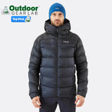 Rab Neutrino Pro Alpine Summit Down Jacket  800 Fill Power Black in use front view Outdoor gear Lab top pick award