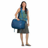 Osprey Ozone Duplex Women's 60 Litre Carry On Travel Pack buoyont blue with cargo bag on shoulders