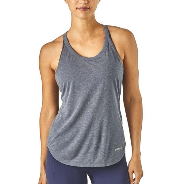 Patagonia Women's Nine Trails running Tank Top Navy Blue in use front view