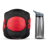 Sea to Summit Alpine 2 APII Regular Sleeping Bag packed into compression sack next to water bottle